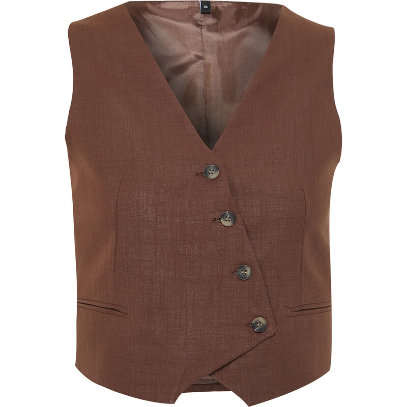 Trendyol Brown Crop Fitted Button Detailed Woven Linen Look Vest