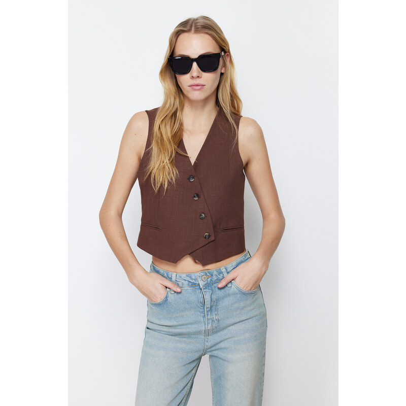 Trendyol Brown Crop Fitted Button Detailed Woven Linen Look Vest