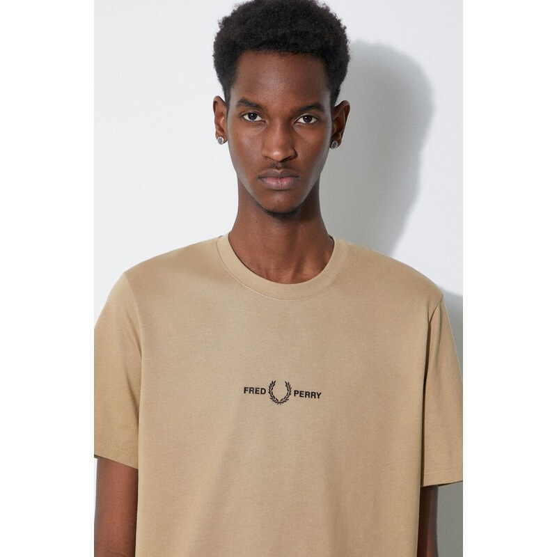 Bavlněné tričko Fred Perry Embroidered T-Shirt béžová barva, s aplikací, M4580.363