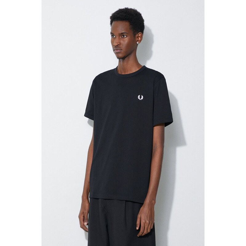 Bavlněné tričko Fred Perry Ringer T-Shirt černá barva, s aplikací, M3519.102