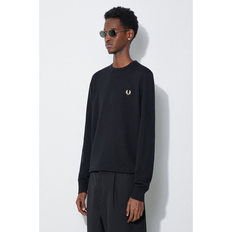 Vlněný svetr Fred Perry Classic Crew Neck Jumper pánský, černá barva, lehký, K9601.198