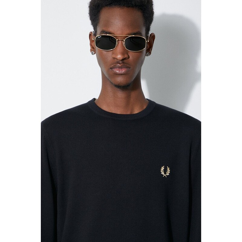 Vlněný svetr Fred Perry Classic Crew Neck Jumper pánský, černá barva, lehký, K9601.198