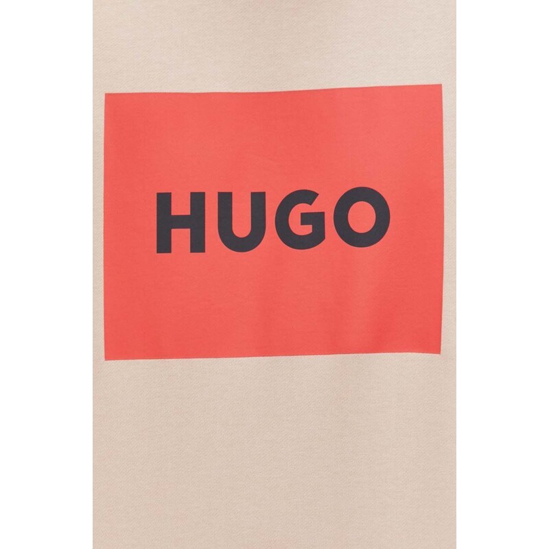 Bavlněná mikina HUGO pánská, béžová barva, s potiskem