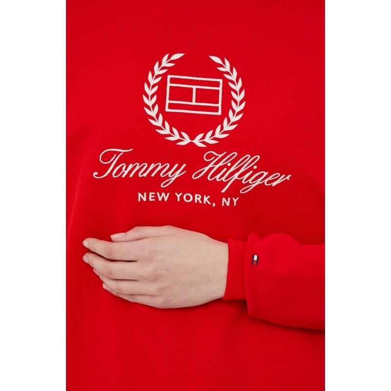 Bavlněná mikina Tommy Hilfiger dámská, červená barva, s aplikací