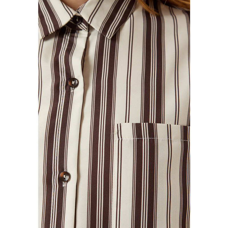 Happiness İstanbul Women's Cream Brown Striped Oversize Knitted Shirt