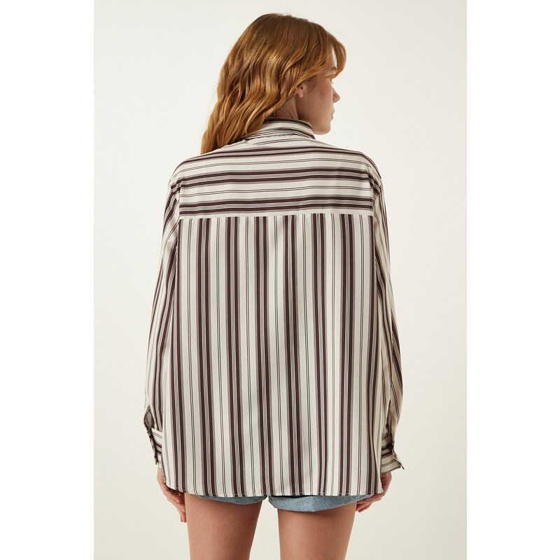 Happiness İstanbul Women's Cream Brown Striped Oversize Knitted Shirt