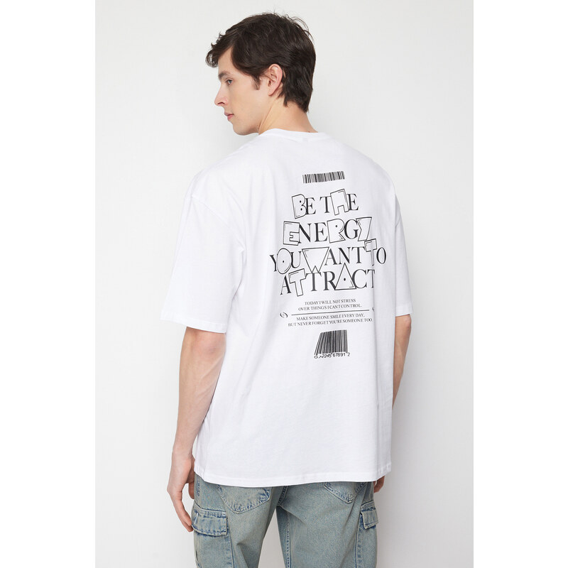 Trendyol White Oversize/Wide Cut Fluffy Text Printed 100% Cotton T-Shirt