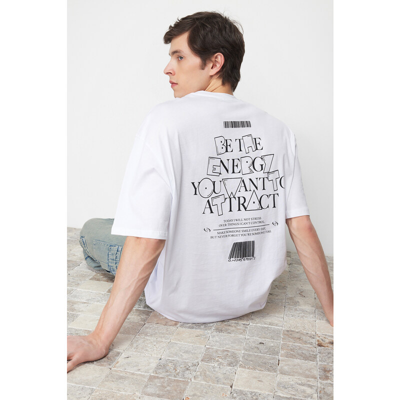 Trendyol White Oversize/Wide Cut Fluffy Text Printed 100% Cotton T-Shirt