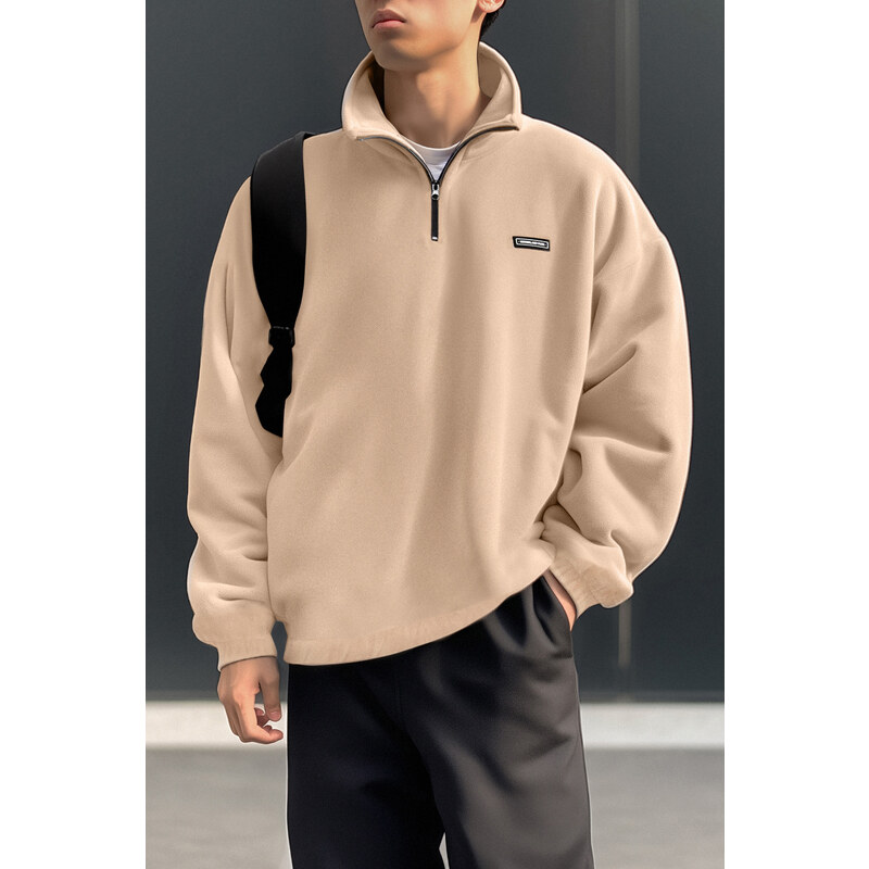 Trendyol Beige Oversize/Wide Fit Zipper High Neck Labeled Thick Fleece/Plush Sweatshirt