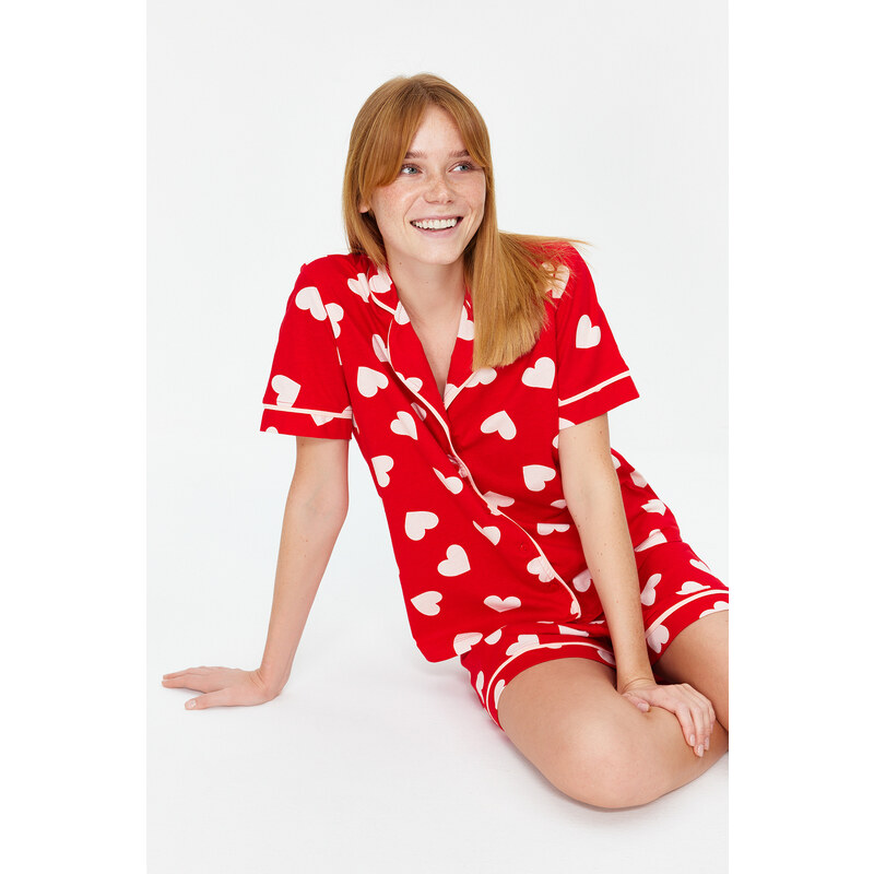 Trendyol Red 100% Cotton Heart Patterned Piping Detailed Shirt-Shorts Knitted Pajamas Set