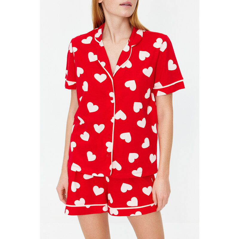 Trendyol Red 100% Cotton Heart Patterned Piping Detailed Shirt-Shorts Knitted Pajamas Set