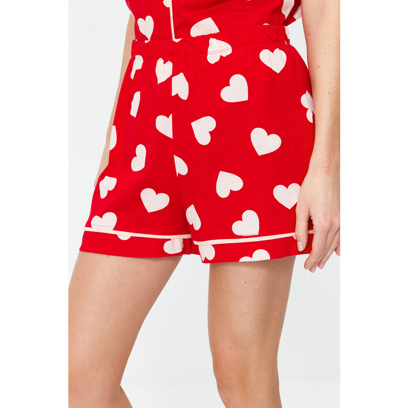Trendyol Red 100% Cotton Heart Patterned Piping Detailed Shirt-Shorts Knitted Pajamas Set