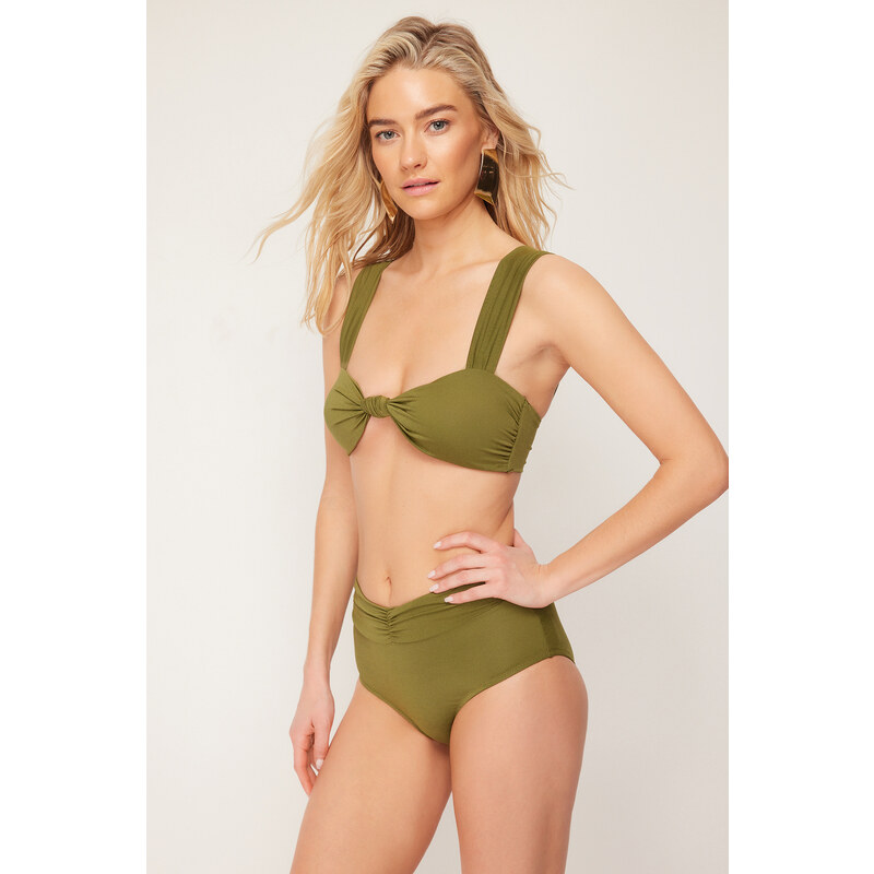 Trendyol Khaki Gathered High Waist Hipster Bikini Bottom