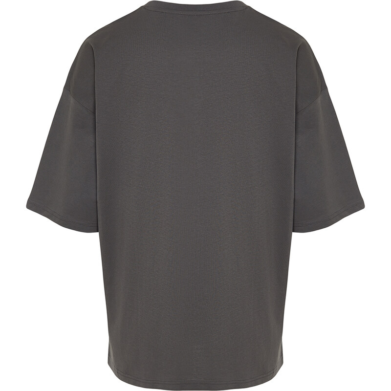 Trendyol Anthracite Oversize/Wide Cut 100% Cotton T-shirt with Text Embroidery