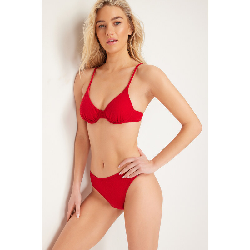 Trendyol Red Textured Regular Bikini Bottom