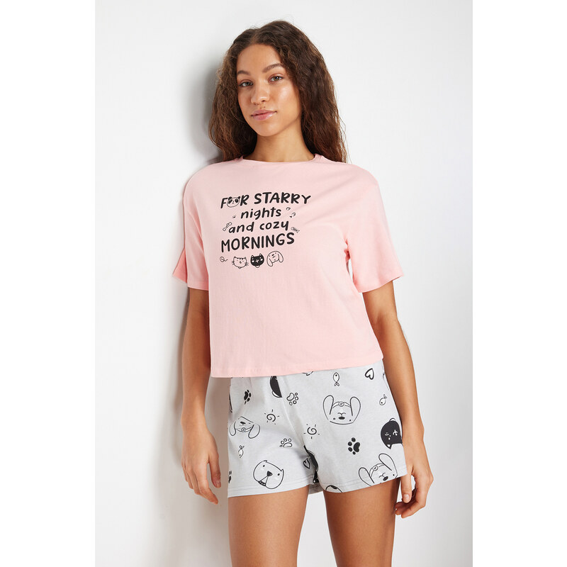 Trendyol Pink-Grey 100% Cotton Motto Printed Knitted Pajamas Set