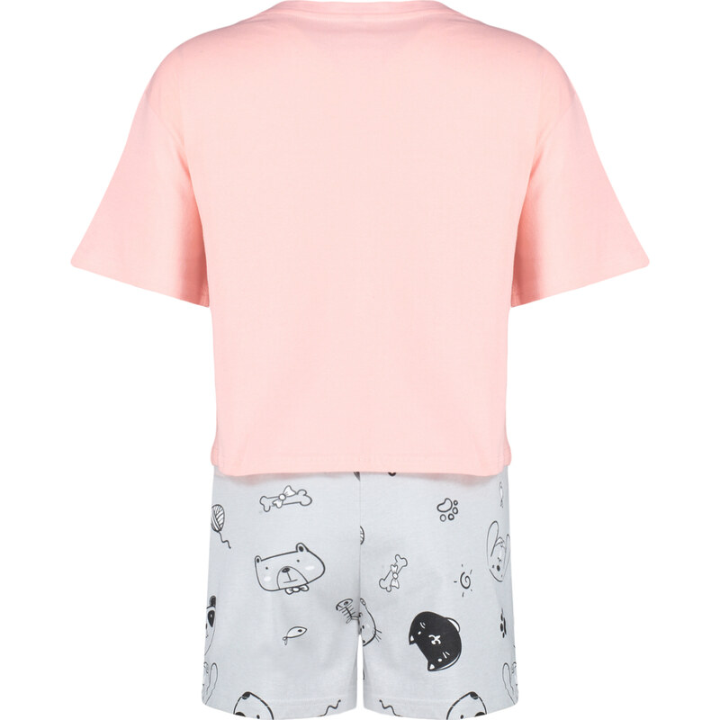 Trendyol Pink-Grey 100% Cotton Motto Printed Knitted Pajamas Set