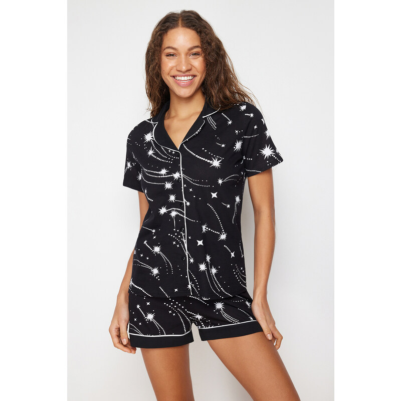 Trendyol Black 100% Cotton Galaxy Patterned Knitted Pajamas Set with Piping Detail