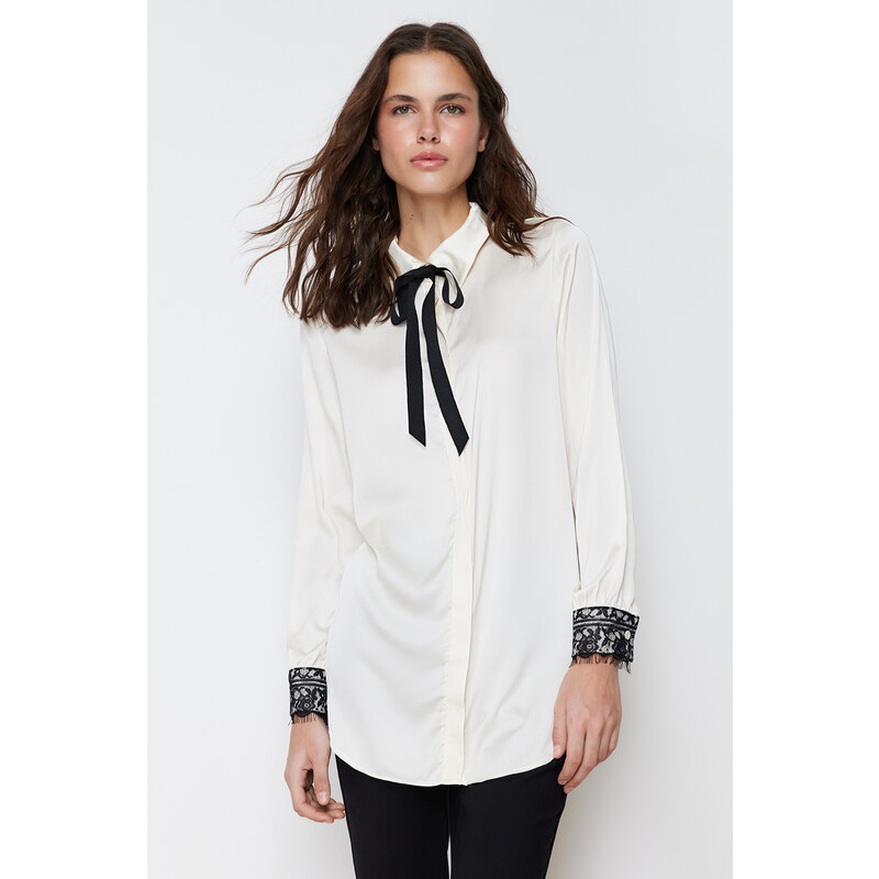 Trendyol Stone Lace Detailed Satin Woven Shirt