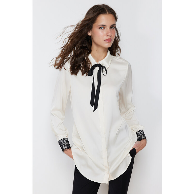 Trendyol Stone Lace Detailed Satin Woven Shirt