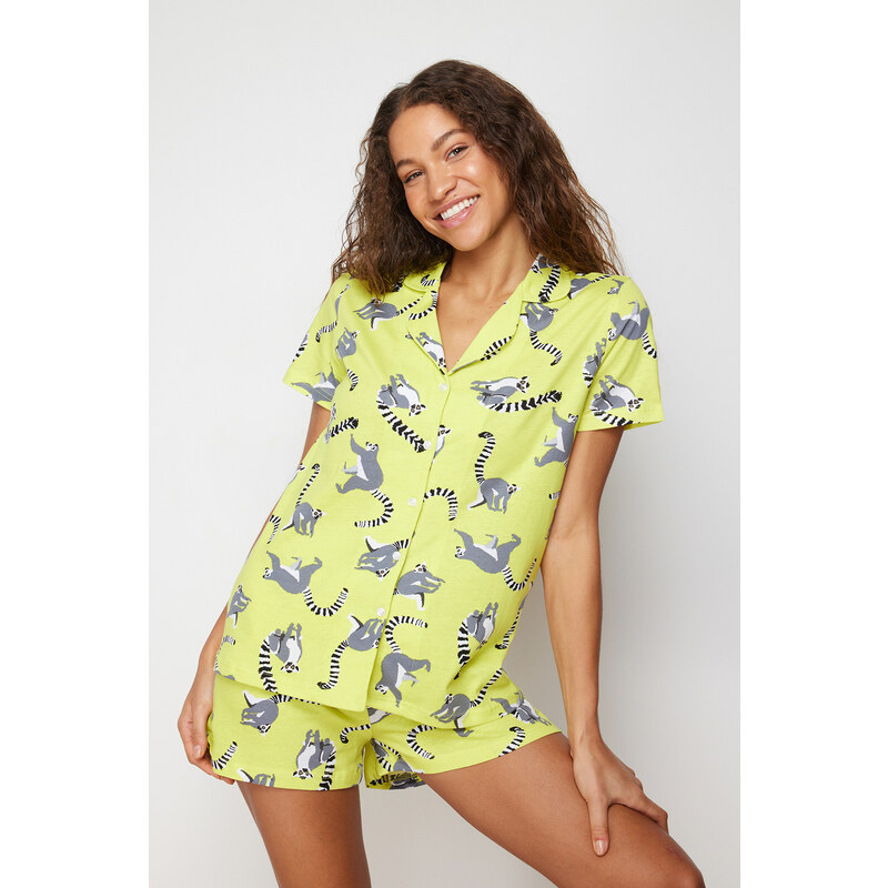 Trendyol Green 100% Cotton Animal Pattern Knitted Pajamas Set