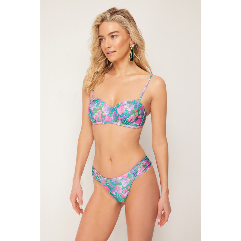 Trendyol Floral Patterned Gathered Brazilian Bikini Bottom