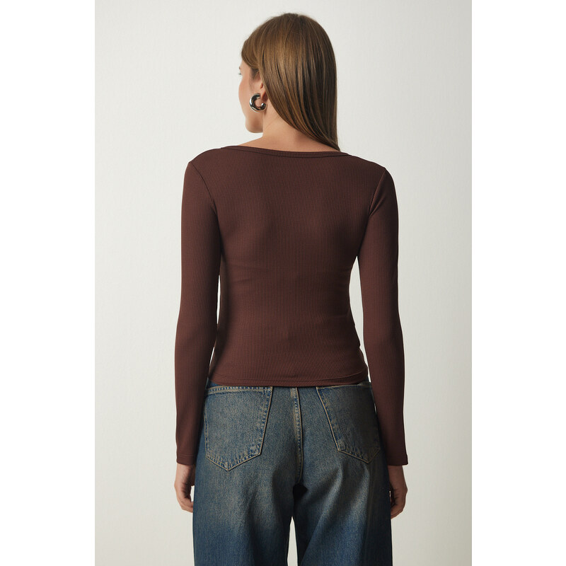 Happiness İstanbul Women's Brown Button Collar Ribbed Crop Knitted Blouse