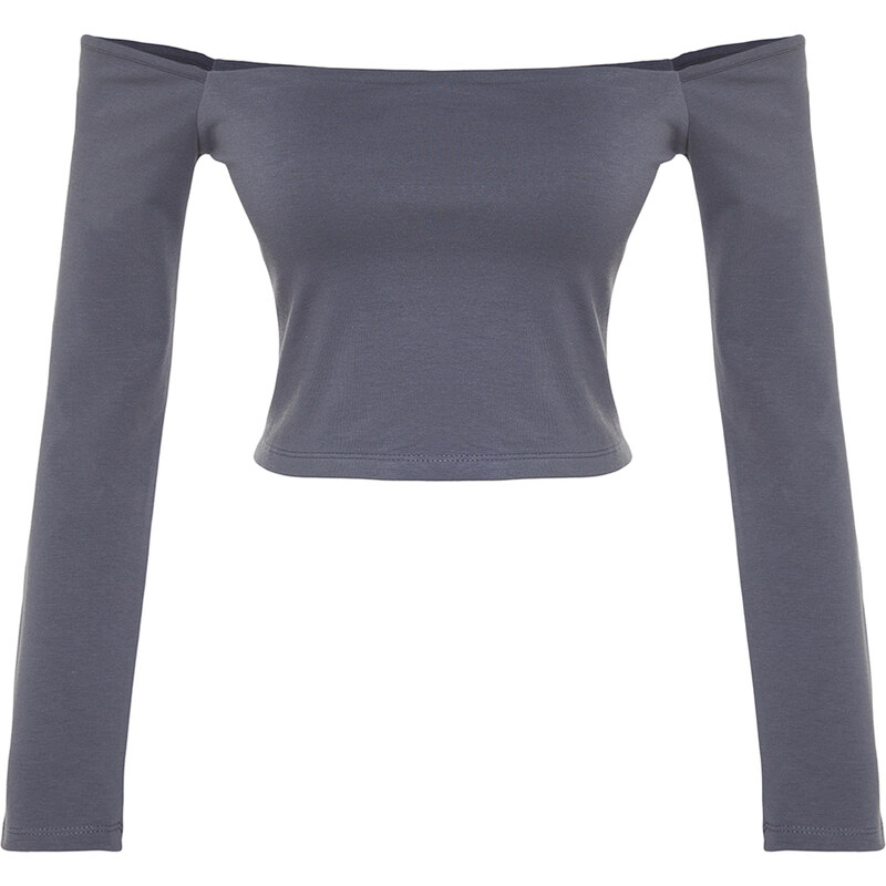 Trendyol Anthracite Crop Carmen Collar Long Sleeve Cotton Stretchy Knitted Blouse