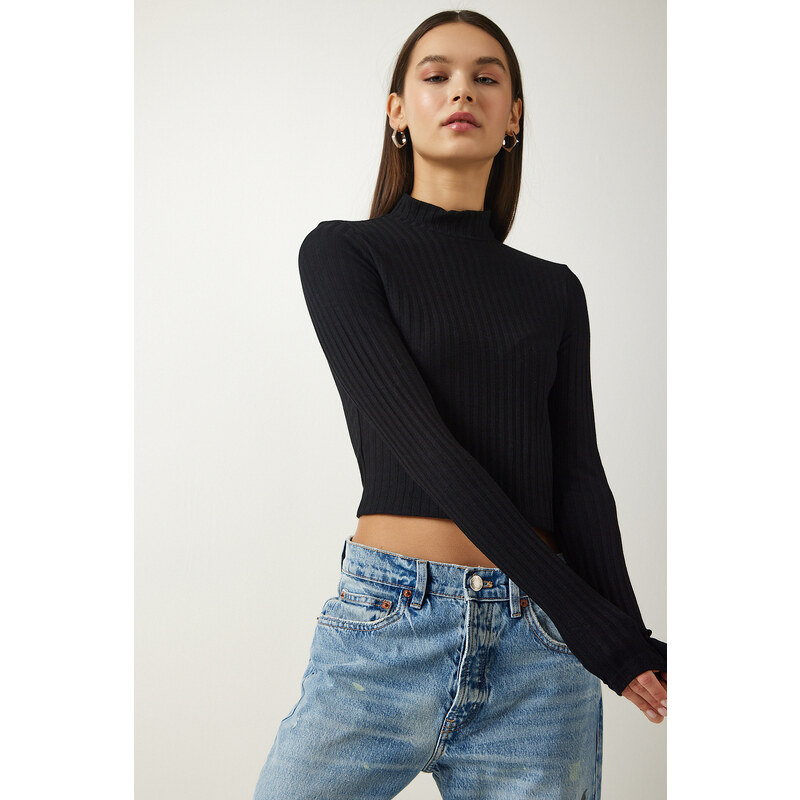 Happiness İstanbul Women's Black Turtleneck Corded Crop Knitted Blouse