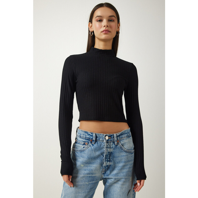 Happiness İstanbul Women's Black Turtleneck Corded Crop Knitted Blouse