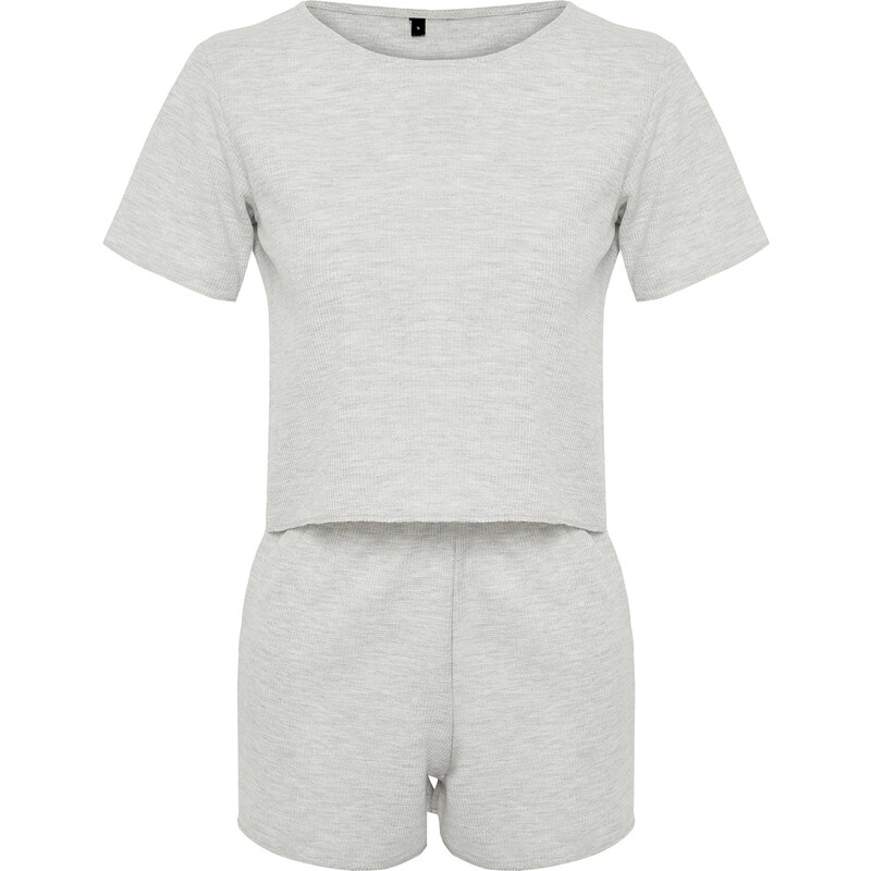 Trendyol Gray Melange Waffle Textured Knitted Pajamas Set