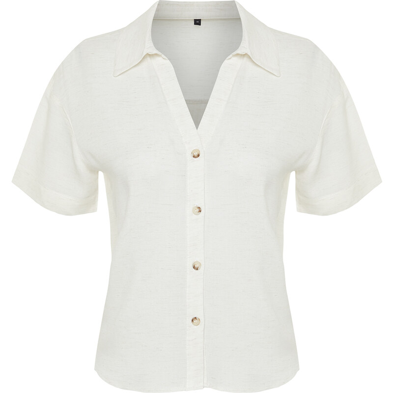 Trendyol Beige Short Sleeve Cotton Linen Woven Shirt