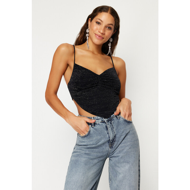Trendyol Black Crop Sparkly Knitted Blouse