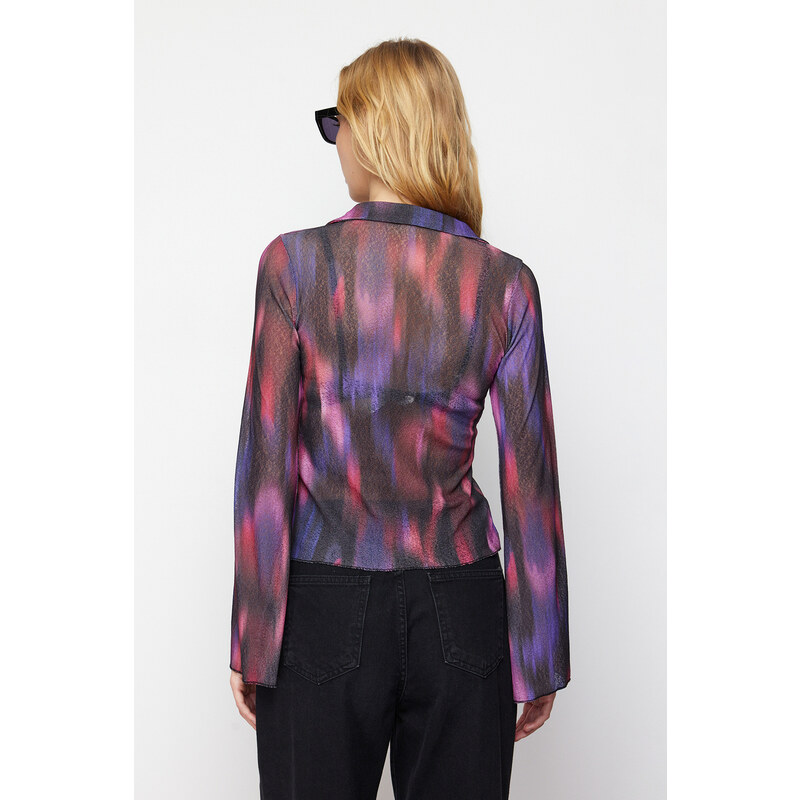 Trendyol Purple Special Textured Regular/Normal Pattern Printed Shirt Collar Flexible Knitted Blouse