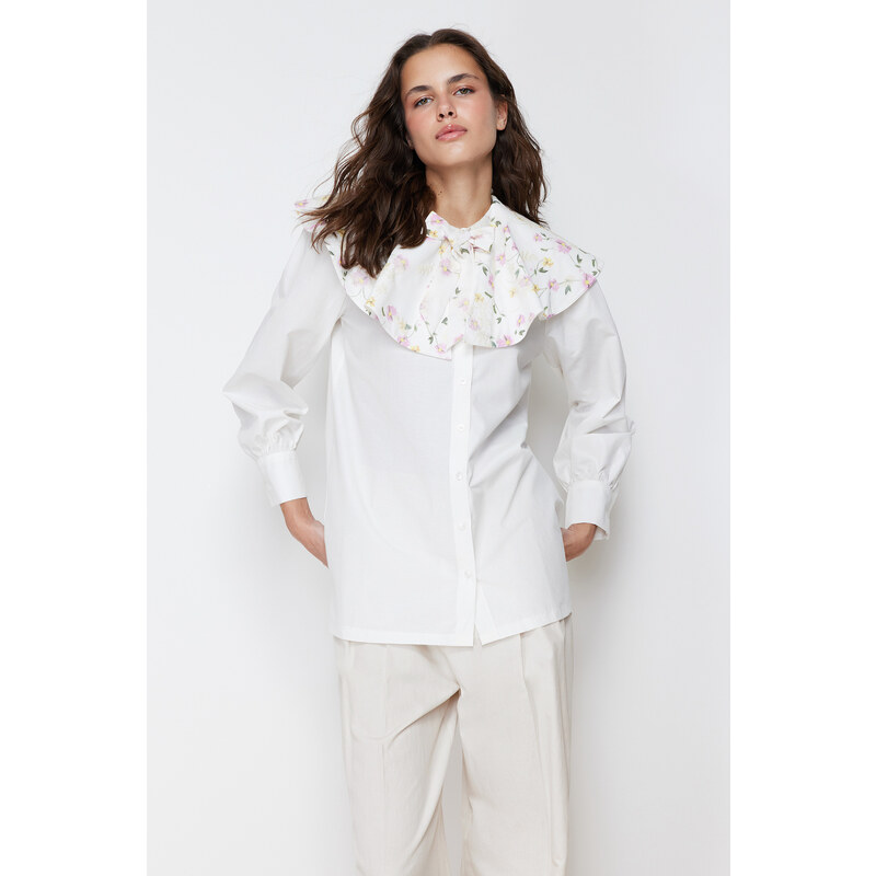 Trendyol Ecru Large Embroidered Baby Collar Cotton Woven Shirt