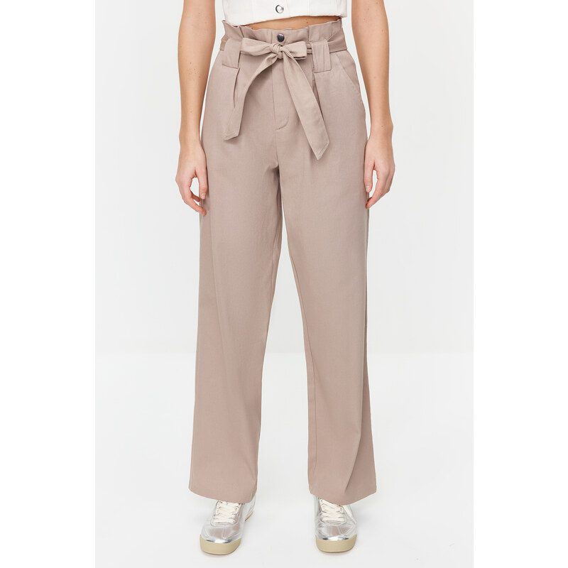 Trendyol Beige Carrot Pattern Belted Woven Trousers