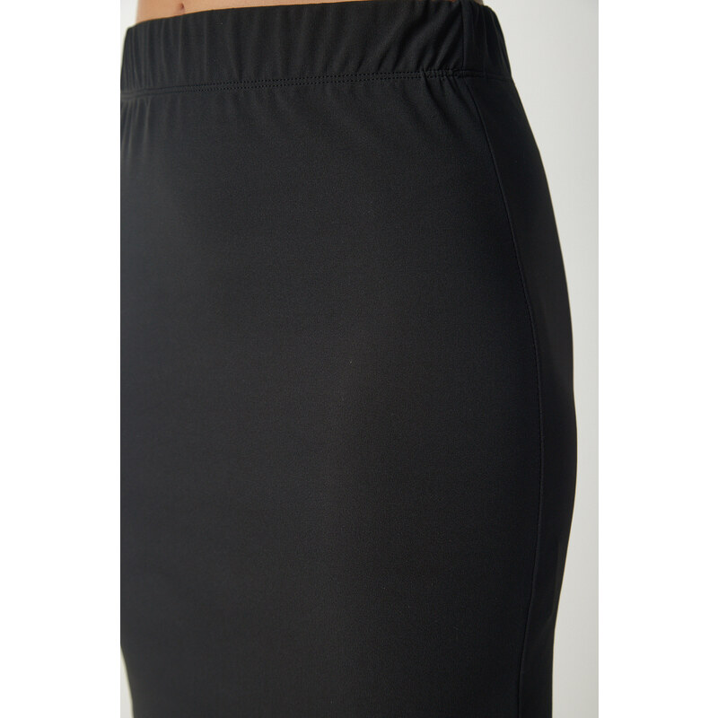Happiness İstanbul Women's Black Knitted Woven Midi Skirt with a Slit