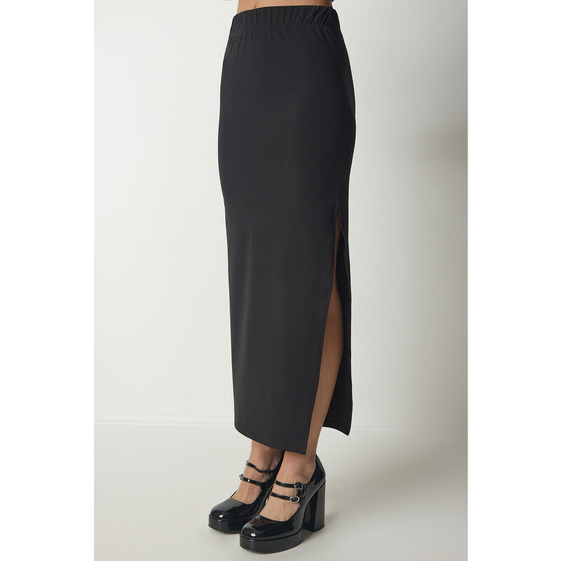 Happiness İstanbul Women's Black Knitted Woven Midi Skirt with a Slit