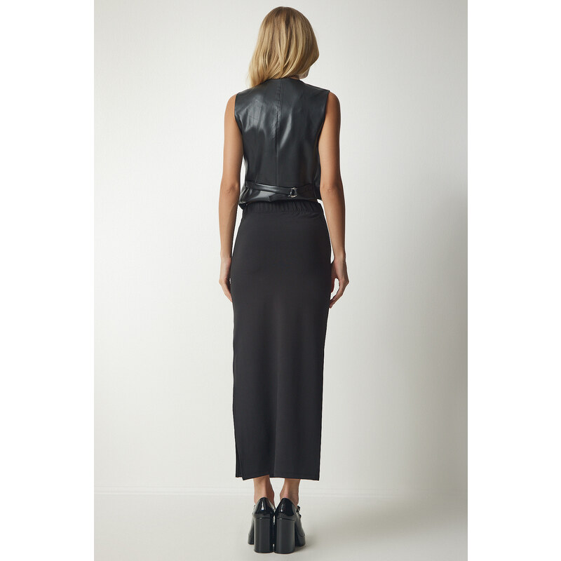 Happiness İstanbul Women's Black Knitted Woven Midi Skirt with a Slit