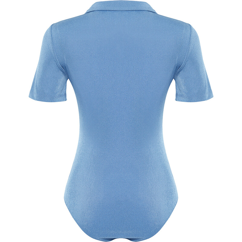 Trendyol Premium Blue Shiny Surface and Soft Textured Polo Neck Knitted Bodysuit