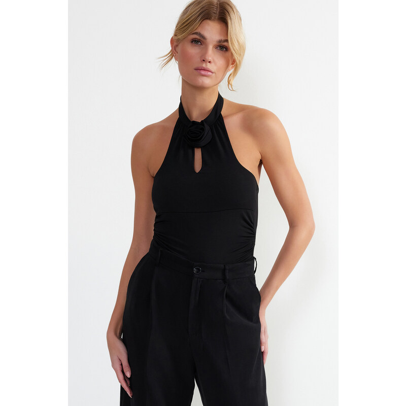 Trendyol Black Fitted Cut Out and Rose Detail Snaps Stretch Knitted Bodysuit