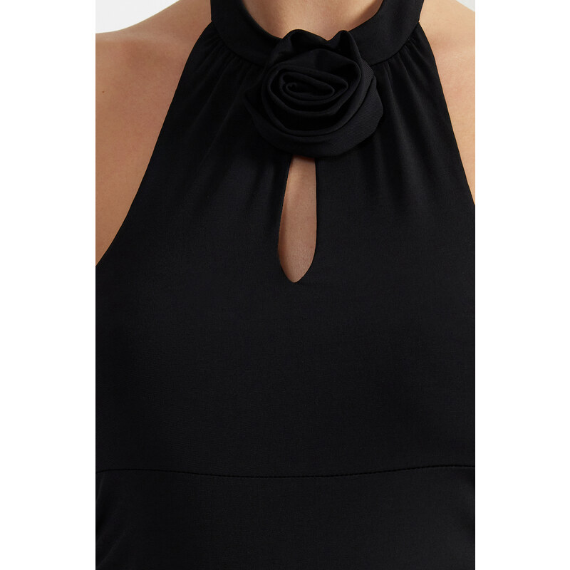 Trendyol Black Fitted Cut Out and Rose Detail Snaps Stretch Knitted Bodysuit