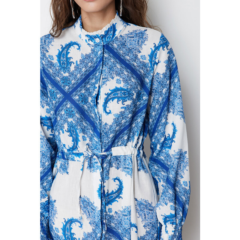 Trendyol Blue Shawl Pattern Asymmetric Skirt Detailed Tied Woven Dress