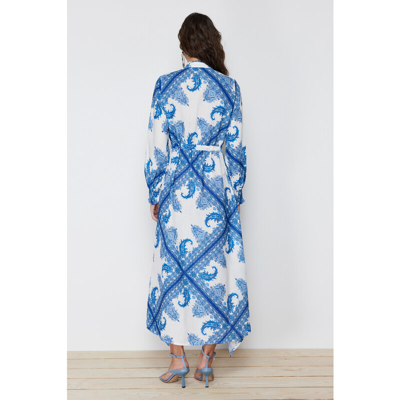 Trendyol Blue Shawl Pattern Asymmetric Skirt Detailed Tied Woven Dress