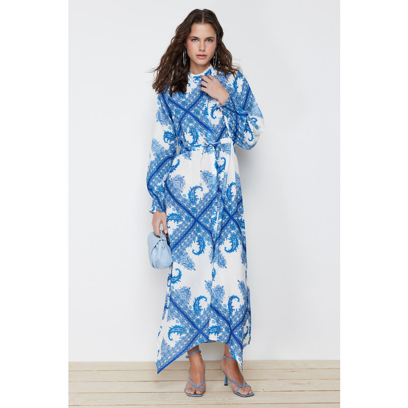 Trendyol Blue Shawl Pattern Asymmetric Skirt Detailed Tied Woven Dress