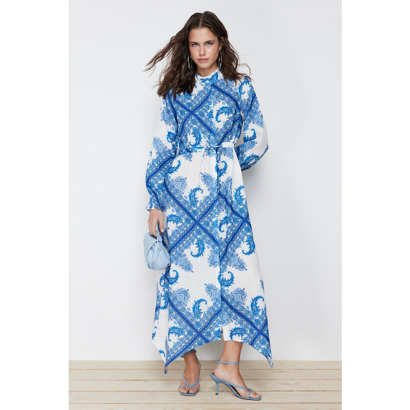 Trendyol Blue Shawl Pattern Asymmetric Skirt Detailed Tied Woven Dress