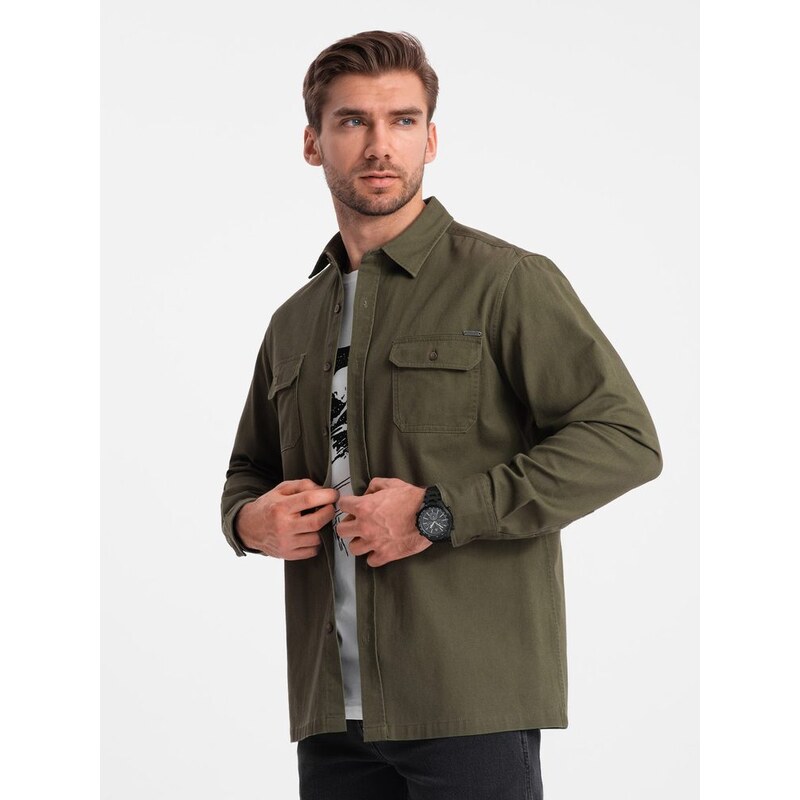 Ombre Clothing Ležérní olivová košile s kapsami na knoflíky V4 SHCS-0146
