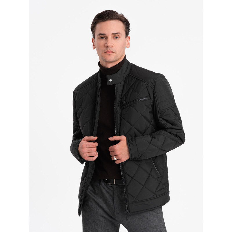 Ombre Clothing Pánská zateplená bunda BIKER prošívaná kosočtvercovým vzorem - černá V1 OM-JALP-22FW-006