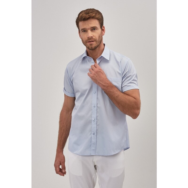 ALTINYILDIZ CLASSICS Men's Light Blue Comfort Fit Relaxed Fit Classic Collar Cotton Short Sleeve Basic Shirt