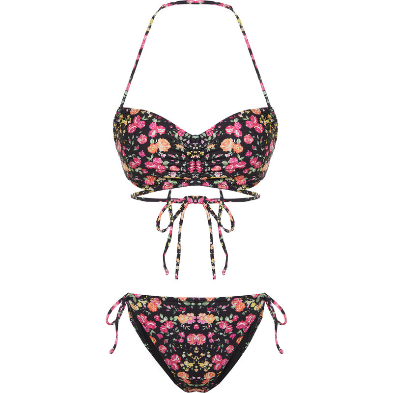 Trendyol Floral Patterned Bralette Brazilian 3-Piece Bikini Set